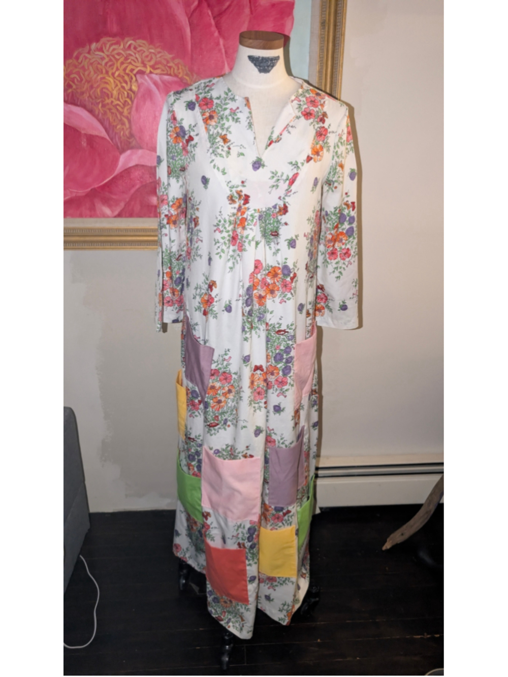 Vintage 70s Lisanne Floral Maxi Dress Size M White Multicolor Patchwork Pockets